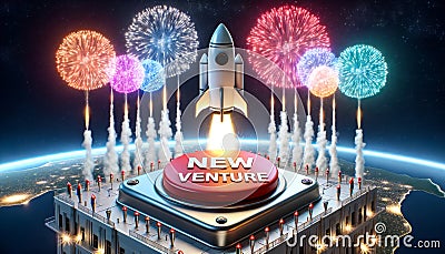 3D render of a launch pad with a giant push-button marked NEW VENTURE. As the button is pressed vibrant fireworks explode in the Stock Photo