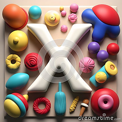 3D Render of Letter 'X' Surrounded by Colorful Playful Objects - Soft, Clay-like CGI Stock Photo