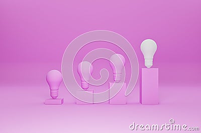 3d render light bulbs with glowing one different idea in podium. pink Stock Photo