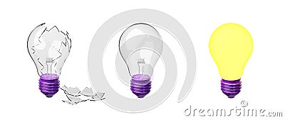 3d render lightbulb, broken, transparent, yellow Cartoon Illustration