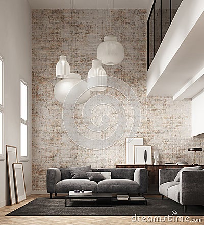 3d Render of a livingroom with brick wall and big paper ceiling lamps Stock Photo