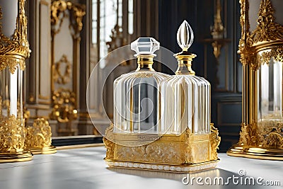 Luxurious white and golden ornamented baroque and rococo perfume bottle , french castle background Stock Photo