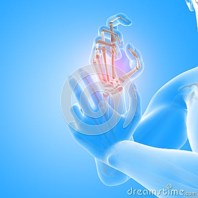 3D male medical figure with close up of hand bones Stock Photo