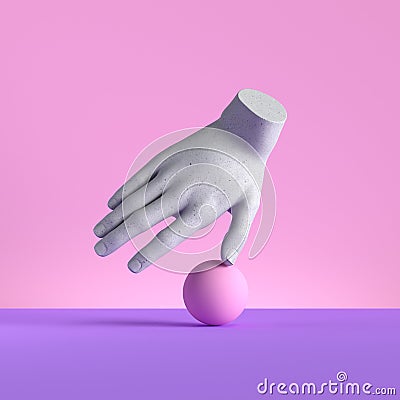 3d render, mannequin hand, ball equilibrium. Balance metaphor, gesture, isolated on pink background, minimal fashion concept Stock Photo