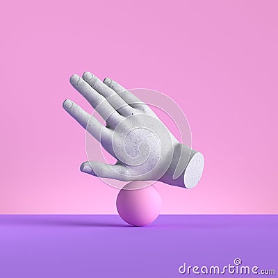 3d render, mannequin hand, ball equilibrium. Balance metaphor, gesture, on pink background, minimal fashion concept Stock Photo