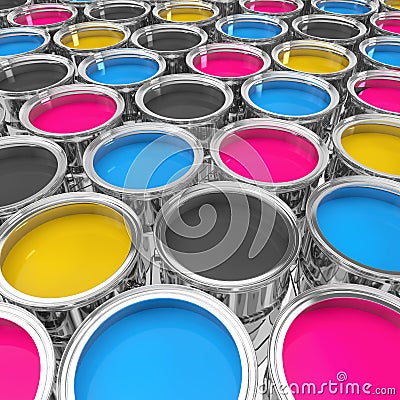3d render of many color buckets with bright colors in cmyk Stock Photo