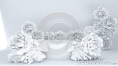 3D render many White roses on podium in white background for premium nature healthcare product Stock Photo