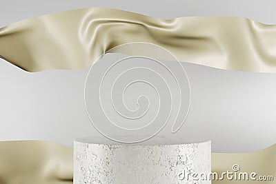 3d render marble podium with beige fabric with pleats. Cartoon Illustration