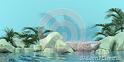 3D render marble stand on water reflection for premium product nature green leaf Stock Photo
