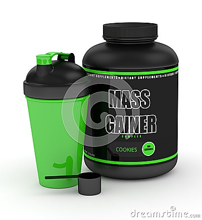 3d render of mass gainer powder with shaker and spoon Stock Photo