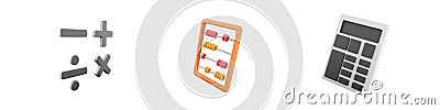 3d render mathmetical operations, calculatir, calculate icon set on white background. 3d rendering mathmetical Stock Photo