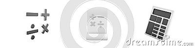 3d render mathmetical operations, paper roll, calculator icon set on white background. 3d rendering mathmetical Stock Photo