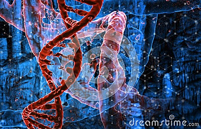 3D render of medical background with DNA strands being attacked by virus cells Stock Photo