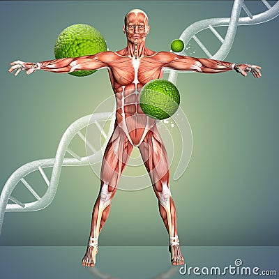 3d render of a medical background with male over virus cells and DNA strand Stock Photo