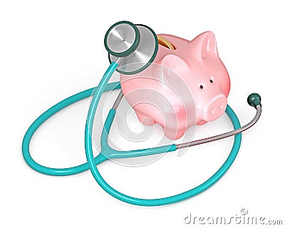 3D render of medical stethoscope and piggy bank Cartoon Illustration