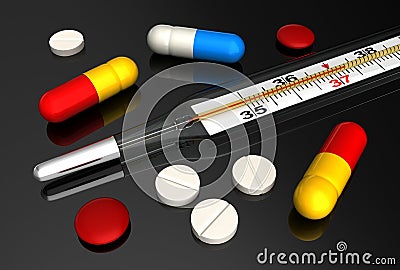 Medical thermometer and pills Stock Photo
