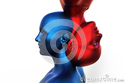 3d render. Merger of a male blue head and a red female head on a white background. Stock Photo