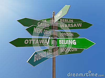 Multidirectional roadsign showing major world capitals directions Stock Photo