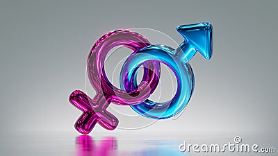 3d render. Metallic male and female gender symbols linked together, heterosexual couple clip art isolated on silver background. Stock Photo