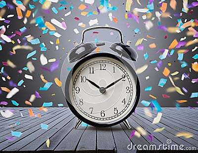 3D render, Minimal Alarm clock with colorful floating confetti isolated on transparent background Stock Photo