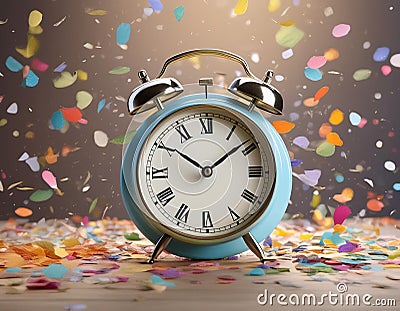 3D render, Minimal Alarm clock with colorful floating confetti isolated on transparent background Stock Photo