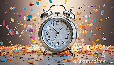 3D render, Minimal Alarm clock with colorful floating confetti isolated on transparent background Stock Photo
