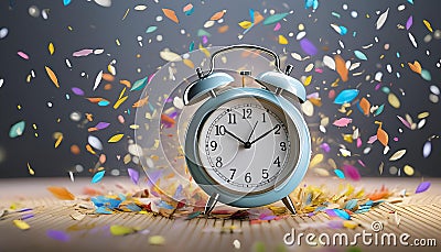 3D render, Minimal Alarm clock with colorful floating confetti isolated on transparent background Stock Photo