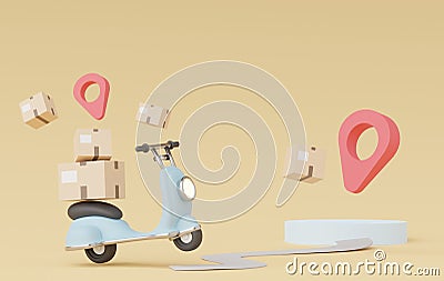 3d render of minimal cartoon of parcel delivery scooter or motorbike. Online shopping and fast delivery concept. Express logistic Stock Photo