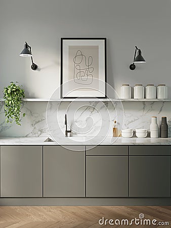 3d render of a minimalist kitchen with grey cabinets and white marble countertop Stock Photo