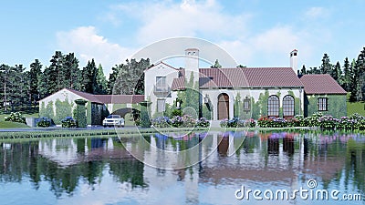 3d render mirror lake home garden Stock Photo