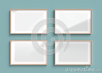 3D Render mockup of four horizontal wooden empty frame with white paper border inside and gray space on bright green wall. Border Stock Photo