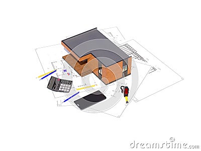 3d render of a frame building concept. Detailed concept of construction with house project. 3D illustration of modern frame house Cartoon Illustration