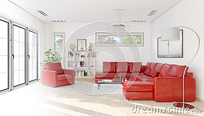 3d render of a modern loft with a large red couch - wireframe Stock Photo