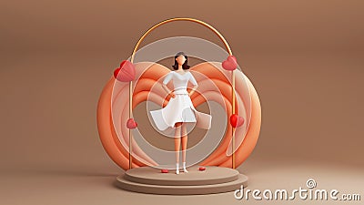 3D Render, Modern Young Girl Character Standing On Stage And Heart Shapes. Happy Women`s Day Stock Photo