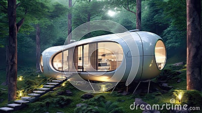 3D Render Modular Pod Home With Selfsustaining Systems. Generative AI Stock Photo