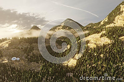 3d render mountainside with forest, fog and glass domes Stock Photo