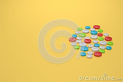 3d render. Multicolor medicine pills illustration, yellow background Cartoon Illustration