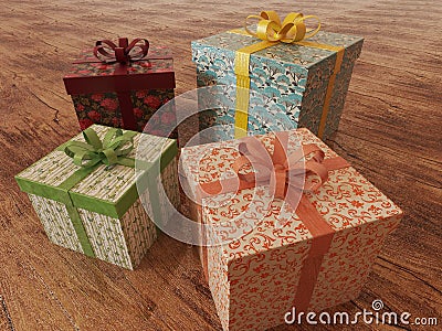 3D render of a multicolor wrapped holiday presents with ribbons Stock Photo