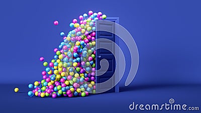 3D render. Multicolored balls fall outside the open blue door. Party wallpaper. Surprise concept Stock Photo