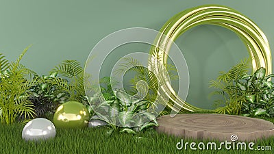 3D render for nature leaf with gold twist circle background on real wood podium with premium product Stock Photo