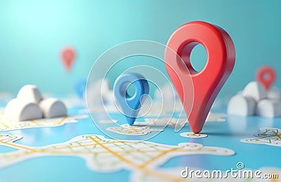 3D render of navigator app with red, blue location pins on map. Modern tech concept for travel, navigation. Map shows route, Stock Photo