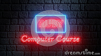 3d render of neon sign of Ruby computer course on brick wall at night. Online learning. Software development or application Stock Photo