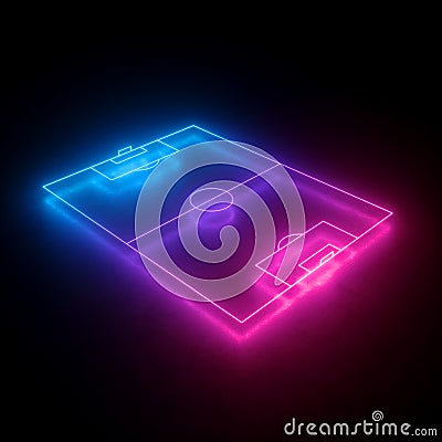 3d render, neon soccer field scheme, football playground, virtual sportive game, pink blue glowing line. Isolated on black Stock Photo