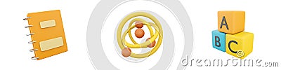 3d render notebook, chemical circle, cubics icon set on wjite background. 3d rendering notebook, chemical circle, cubics Stock Photo
