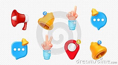 3d render notification and reminders media icons Cartoon Illustration