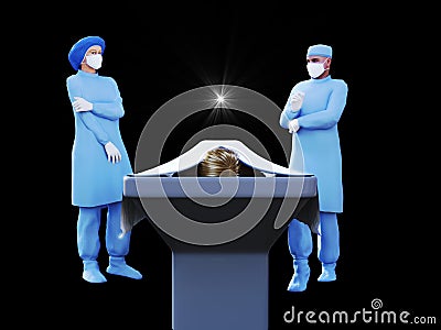 3d render of nurse, surgeon and dead body in morgue Stock Photo