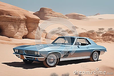 3 d render of an old car3 d render of an old carclassic sports car on desert desert desert Stock Photo