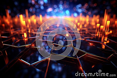 3d render, orange neon light, abstract ultraviolet background, laser grid Stock Photo