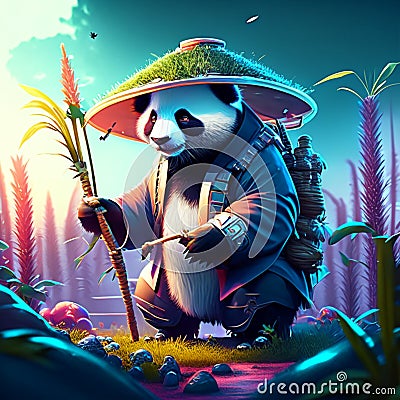 3D Render of a panda in the rice terrace. Generative AI Stock Photo