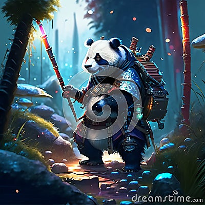 3d render of panda warrior with sword and shield in fantasy forest generative AI Stock Photo